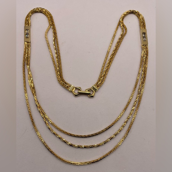 Vintage Gold Tone Multi Chain Necklace with Faceted Crystal Accents - Picture 7 of 7